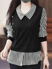 Women's Striped Faux Twinset Blouse with Contrast Collar and Three-Quarter Sleeves