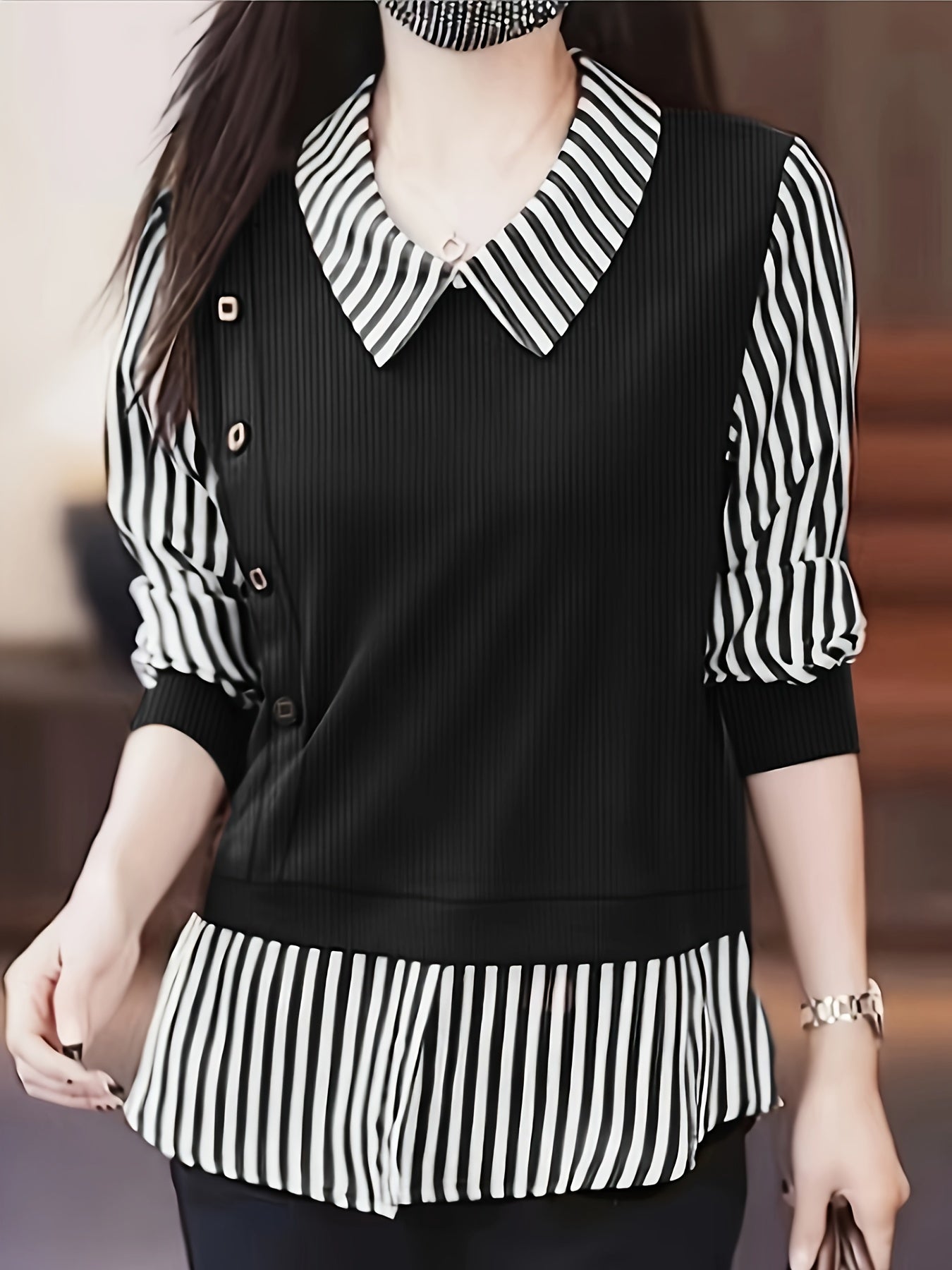 Women's Striped Faux Twinset Blouse with Contrast Collar and Three-Quarter Sleeves
