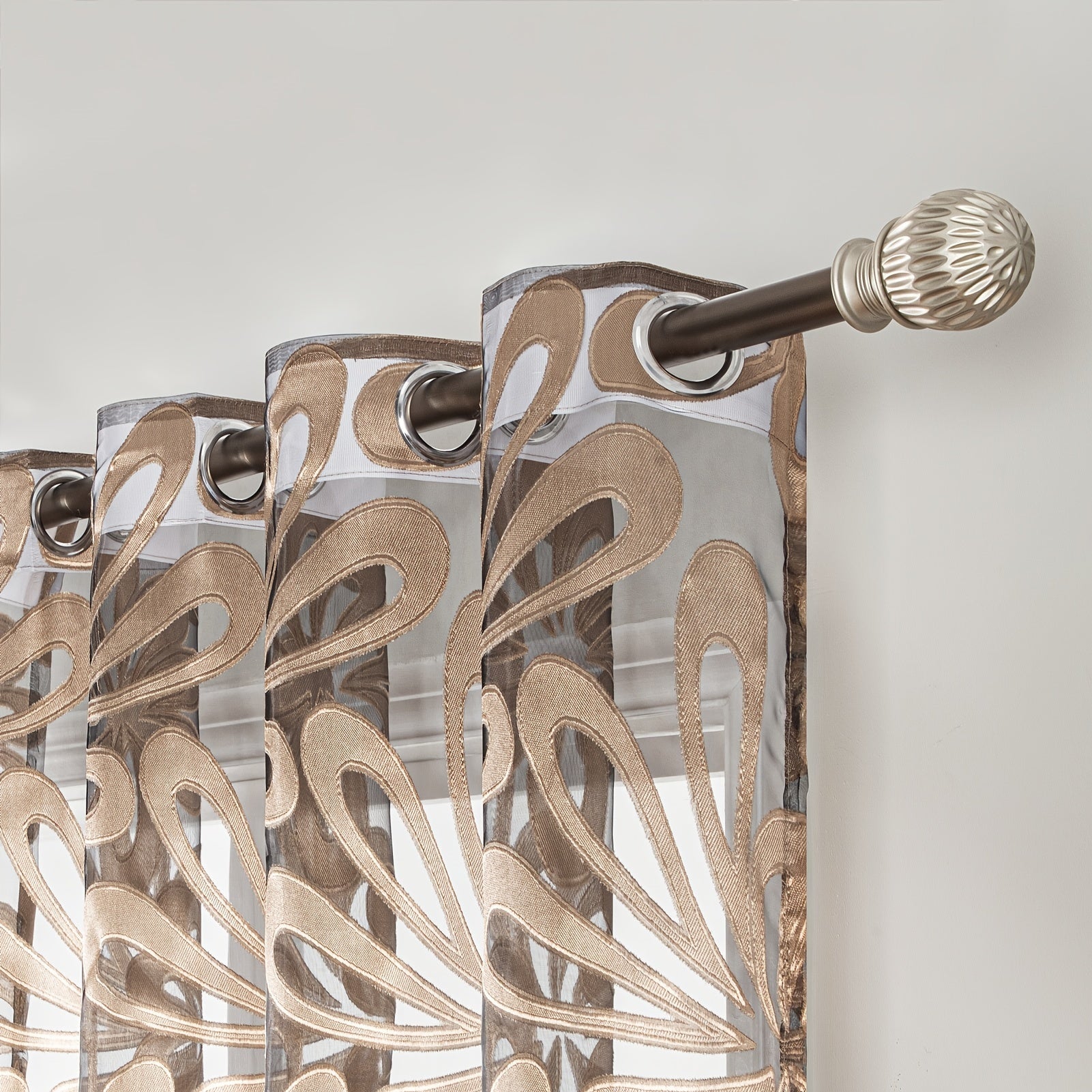 Geometric Sheer Curtain Panel Brown White Floral Jacquard Lightweight Polyester