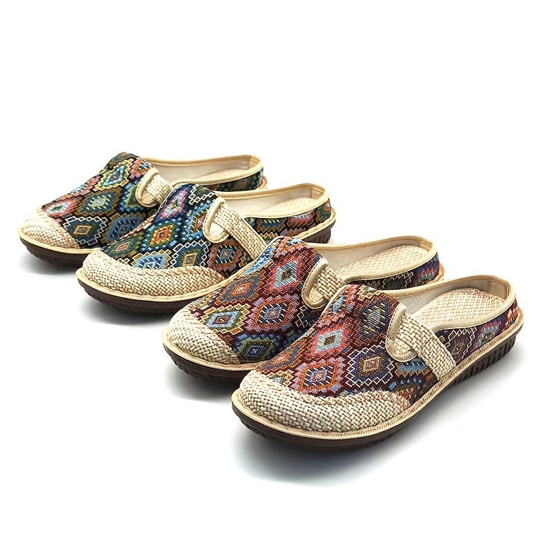 Women's Breathable Fabric Mules with Platform Heel and Embroidered Geometric Pattern