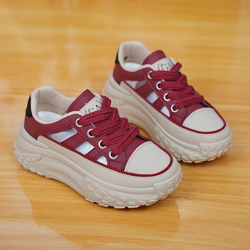 Women's Breathable Mesh Casual Sneakers White Red Chunky Sole