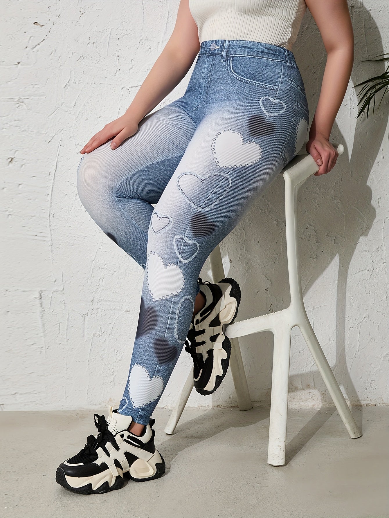 Plus Size Women's Imitation Denim Printed Heart Skinny Pants Tapered Faux Jeans