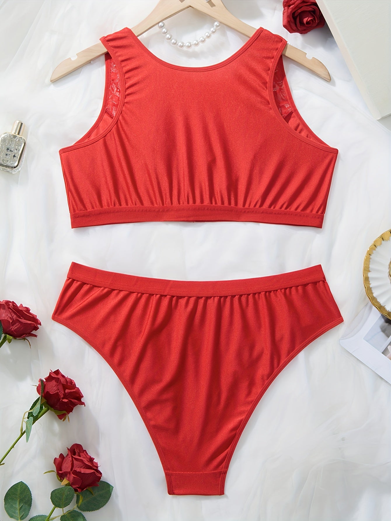 Комплект женского белья больших размеров из кружева с красным цветочным принтом, с высокой эластичностью вязки