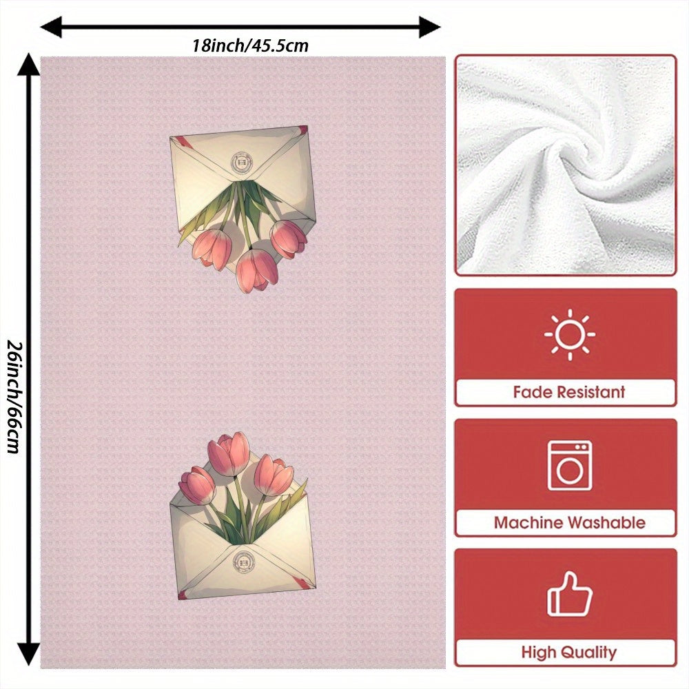 Set of 2 Cartoon Tulip Print Towels, Soft Quick-Drying Kitchen Bathroom Decor