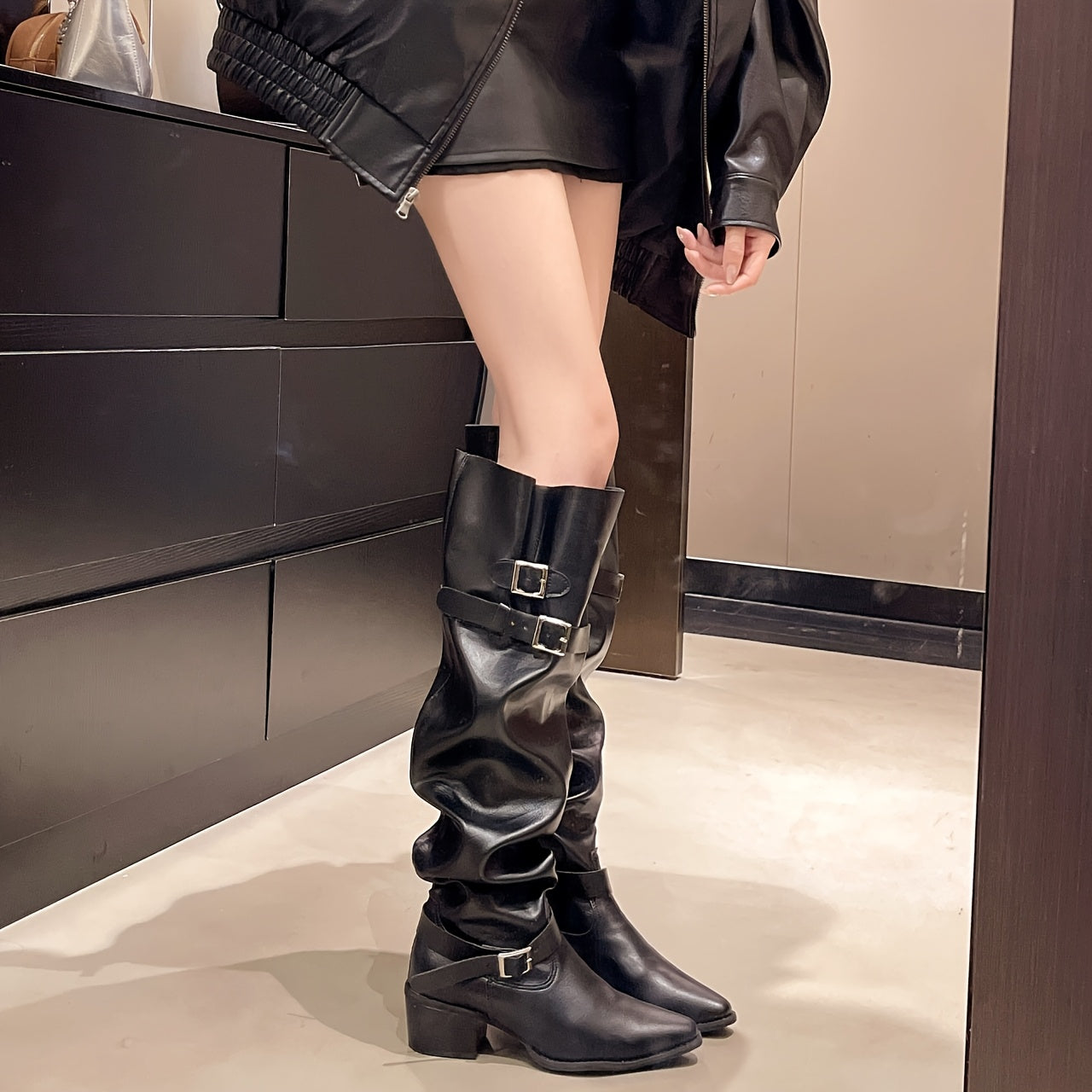 Women's High-Calf Boots Synthetic Slip-On Chunky Mid-Heel All-Season Black