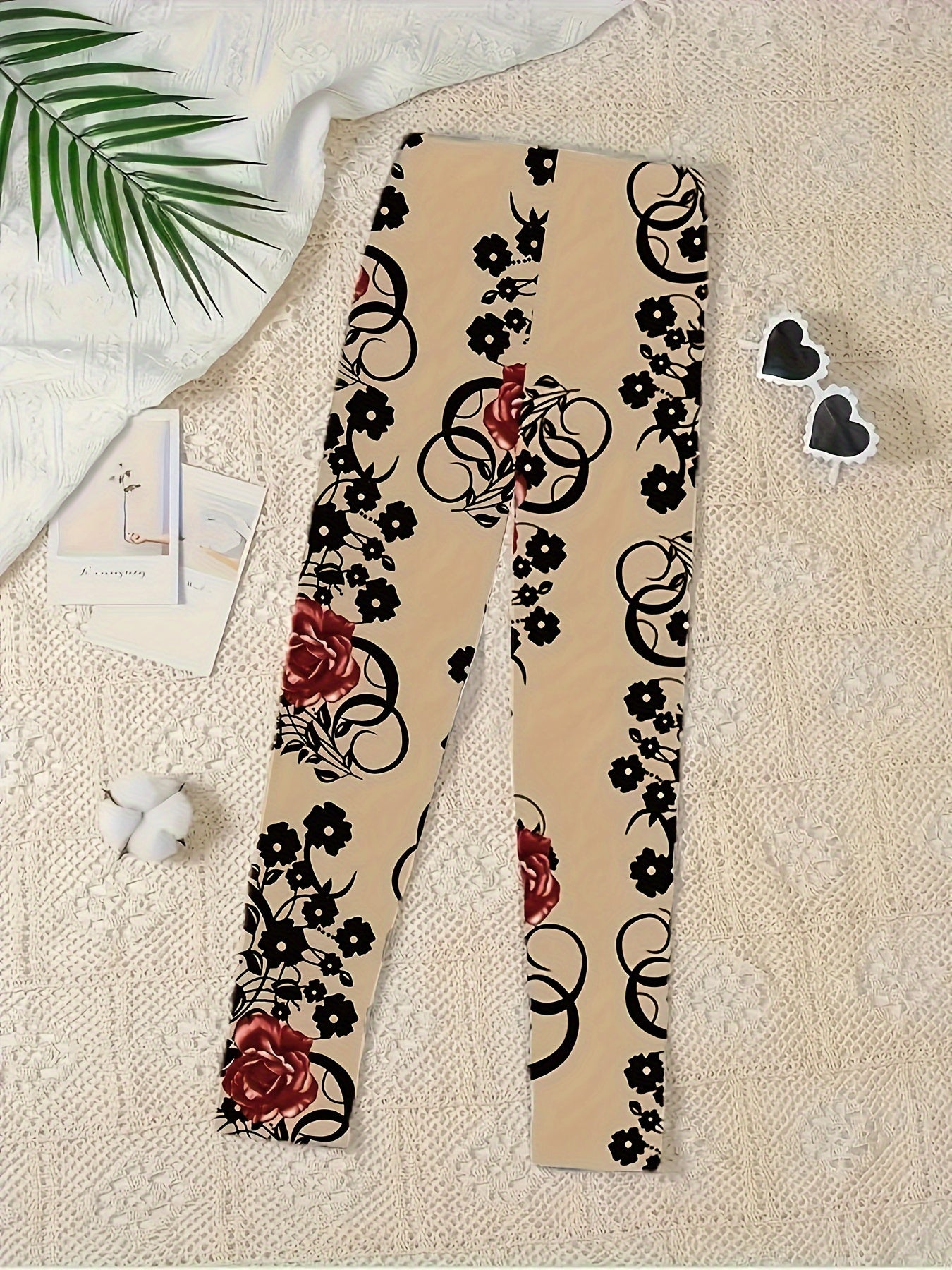 Plus Size Women's Floral Print Skinny Leggings Black Red All-Season Stretchy