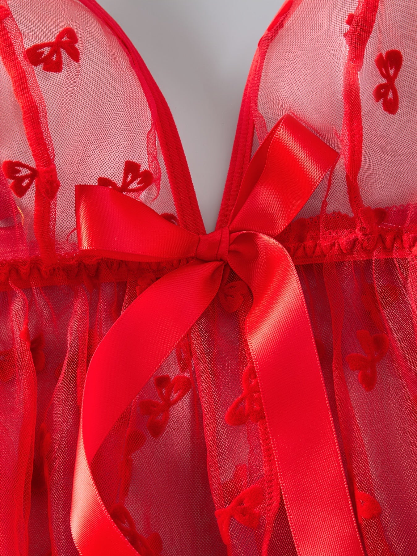Red Mesh Lingerie Set for Women with Butterfly Pattern Babydoll and Bow Detail