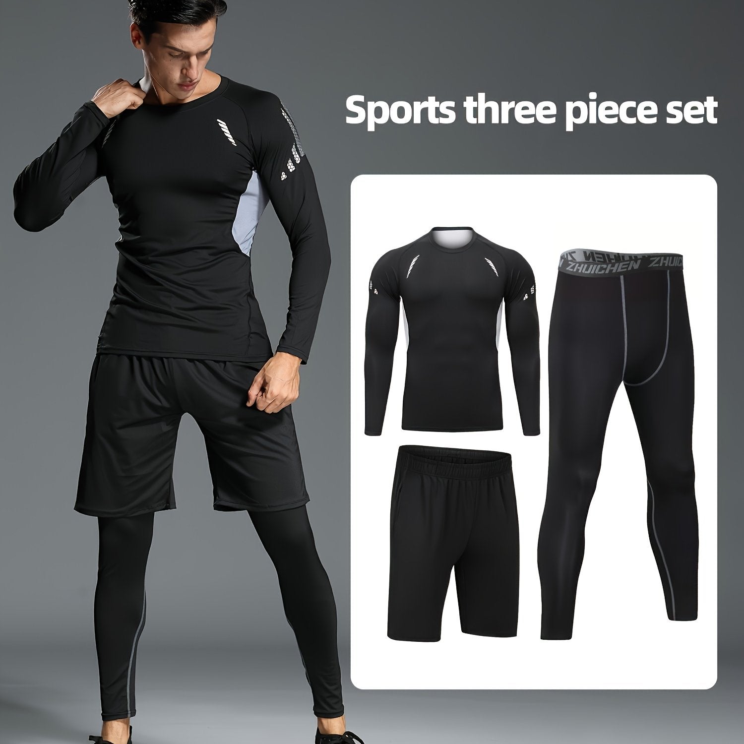 Men's Athletic Set Quick-Dry Polyester Crew Neck Top and Leggings for Running Training and Sports