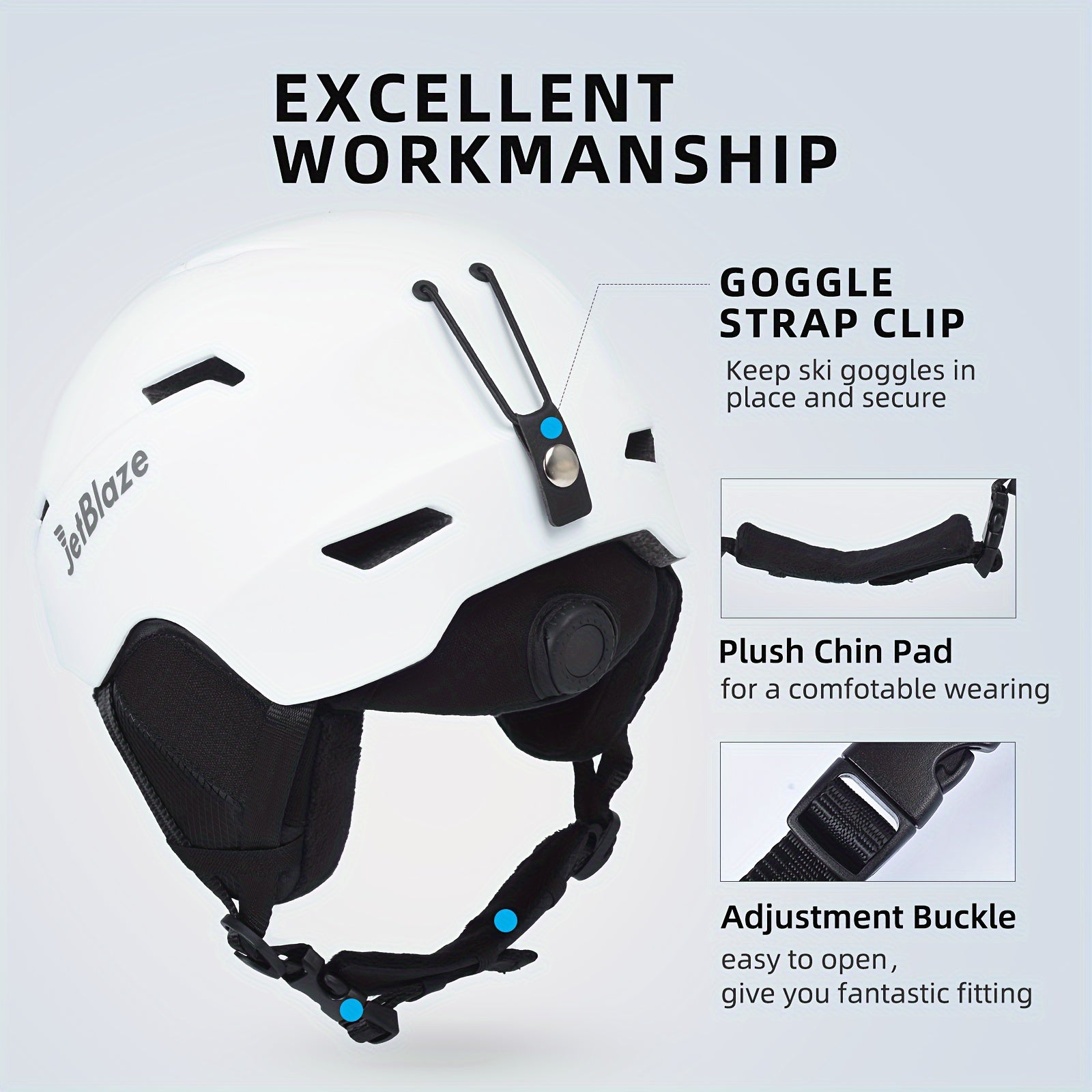 Ski Helmet with Adjustable Fit Shock-Absorbing Shell Removable Ear Pads White
