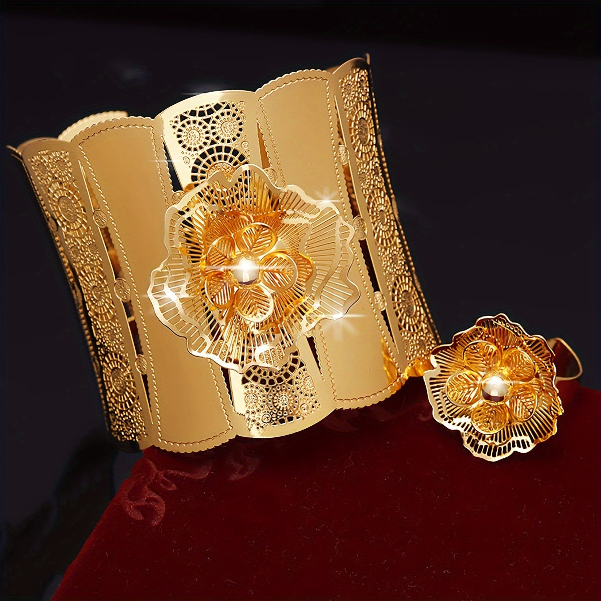 Middle Eastern Bridal Jewelry Set with Hollow Flower Bracelet and Ring for Wedding and Women