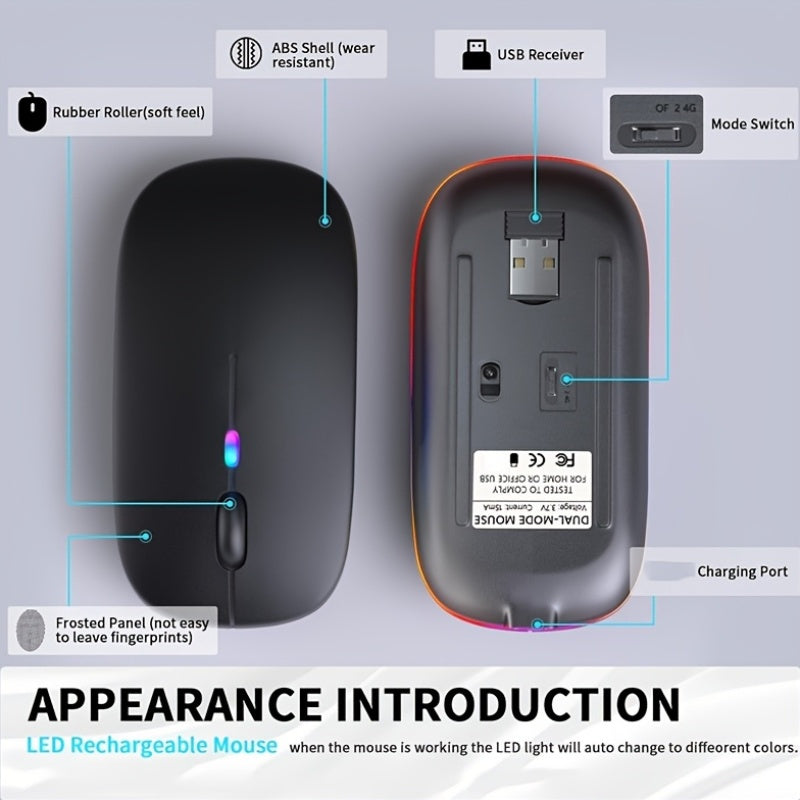 Wireless Slim Mouse with 2.4G and Bluetooth, Rechargeable, USB Receiver