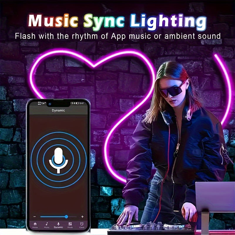 AMill RGB Neon LED chiroq lentalari, ilova va kalit boshqaruvi bilan, musiqa sinxronizatsiyasi, bir nechta rejimlar - batareya talab qilinmaydi, 3 o'lcham mavjud