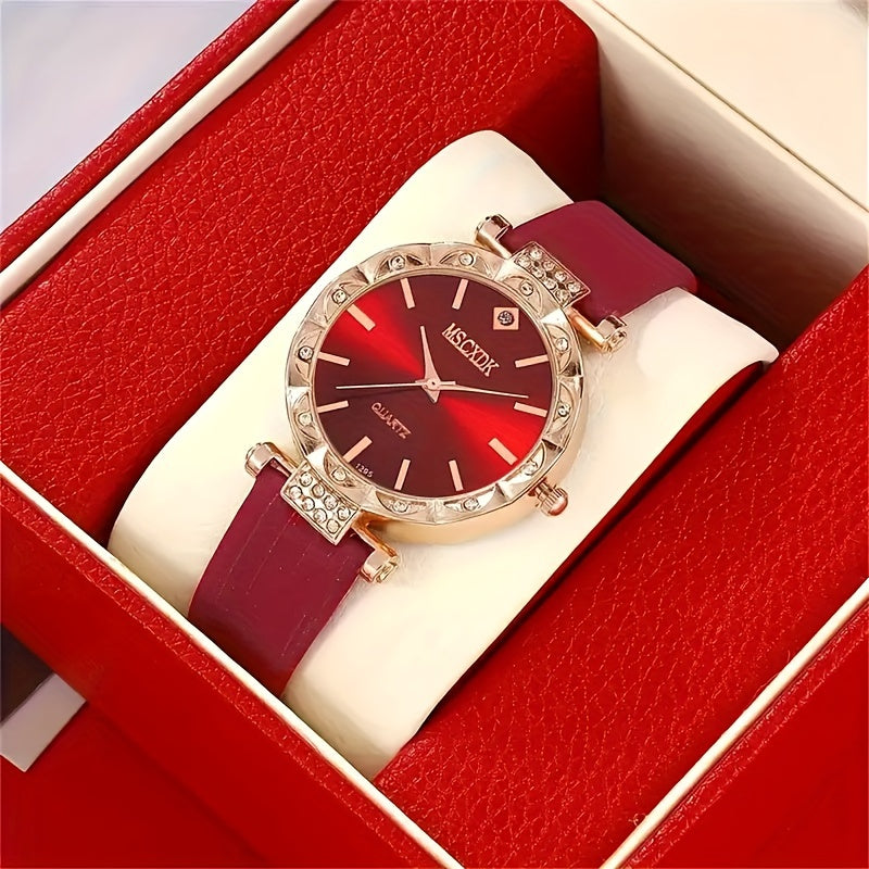 Ladies' Watch Set with Heart Jewelry Red Dial PU Leather Band Zinc Alloy Case Non-Analog Matching Necklace Ring Earrings