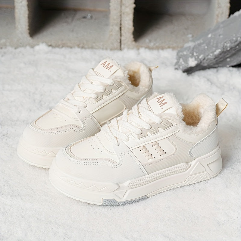 Женские кроссовки с цветными блоками, пушистые, на шнуровке, платформа, теплые зимние скейт-туфли