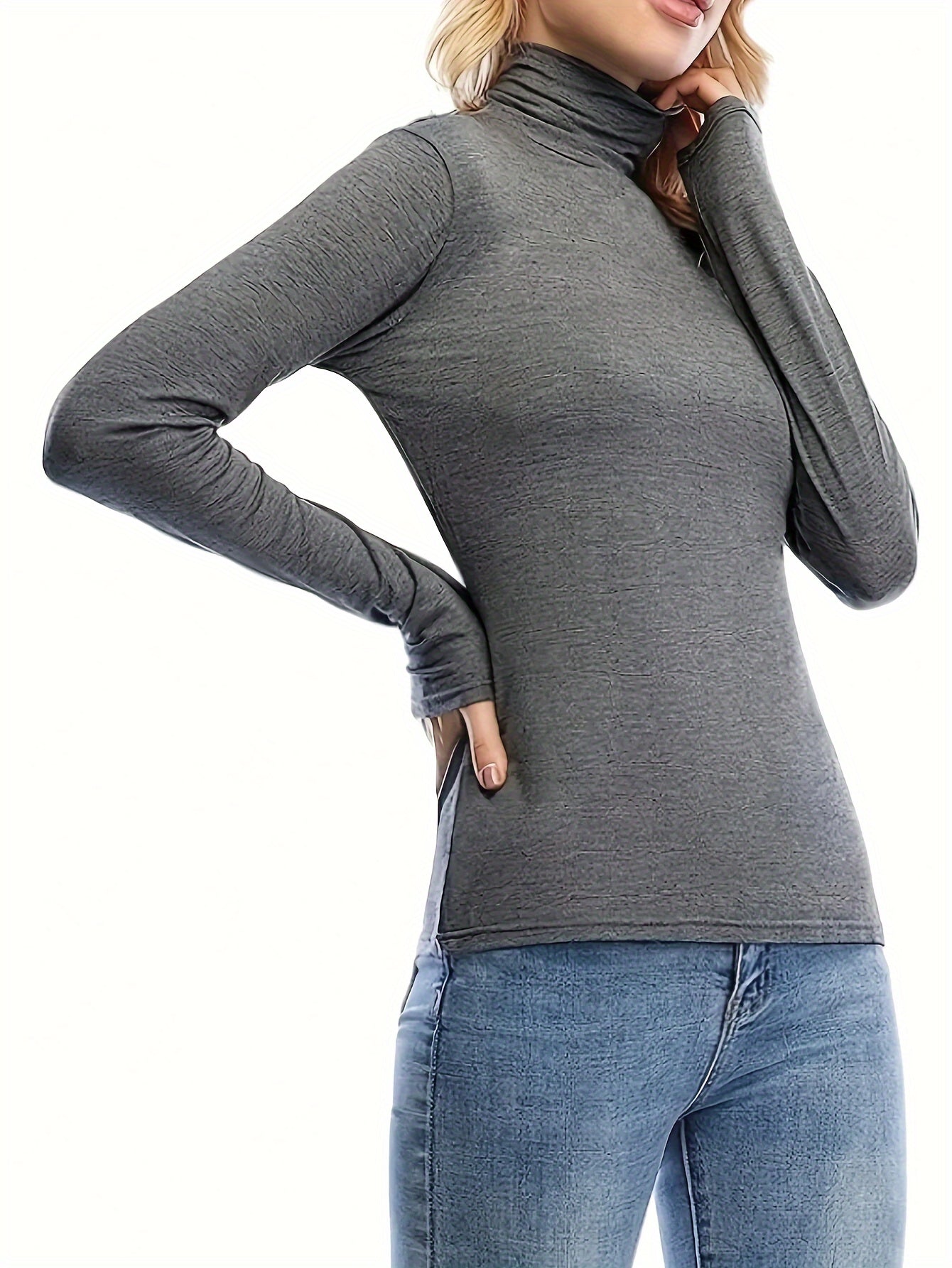 Women's Plus Size Solid Slim Long Sleeve Turtle Neck T-Shirt