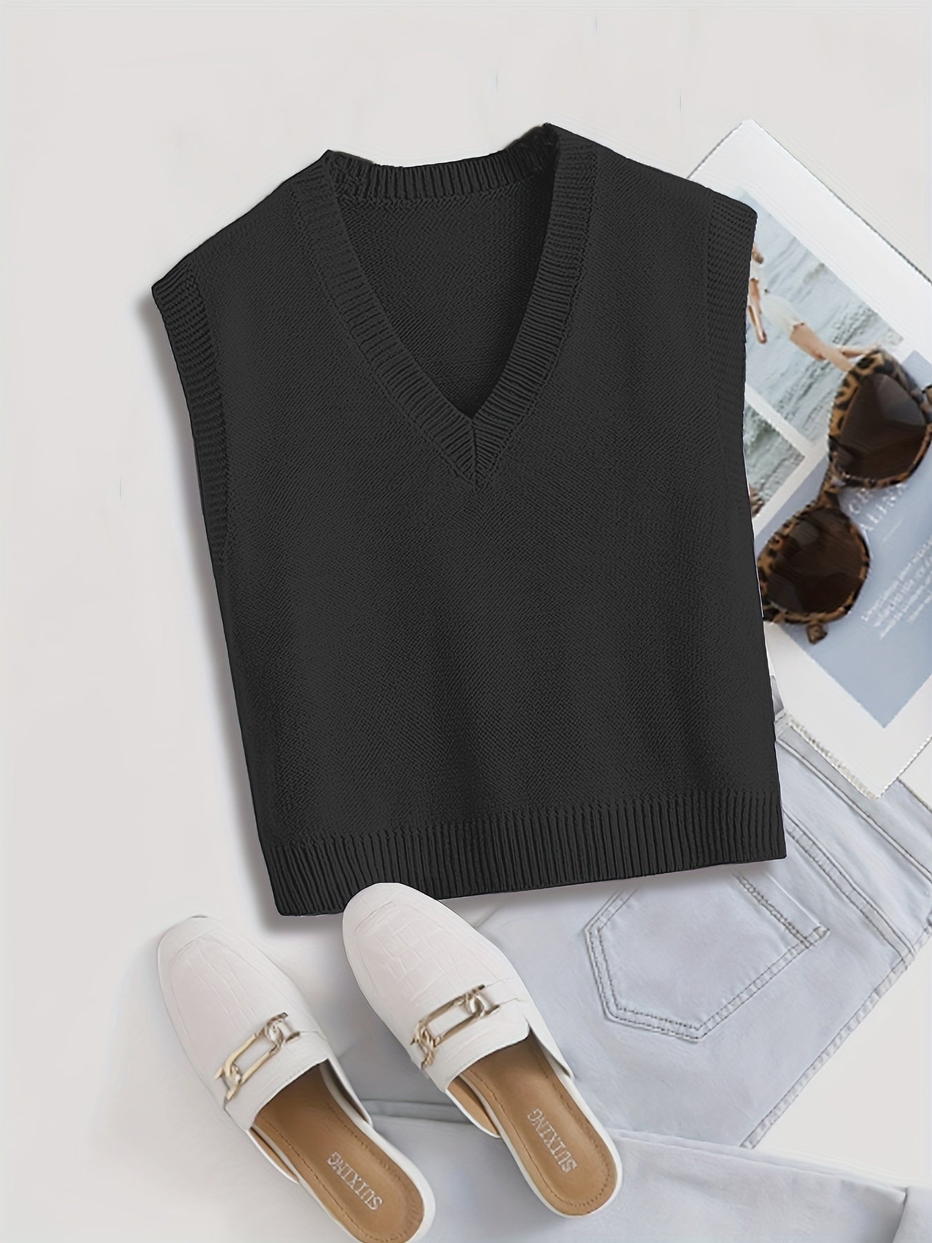 Women's Ribbed V Neck Sleeveless Sweater Vest Solid Knit Spring Fall