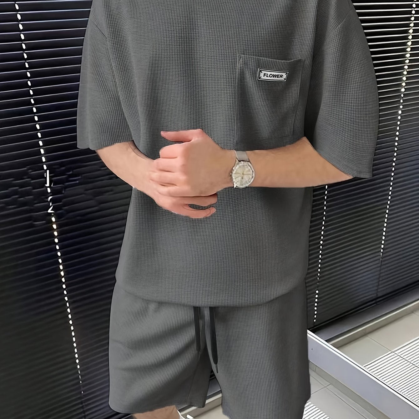 Men's Summer Casual Polyester Knit Shorts Sports Suit Solid Color Crew Neck Regular Fit