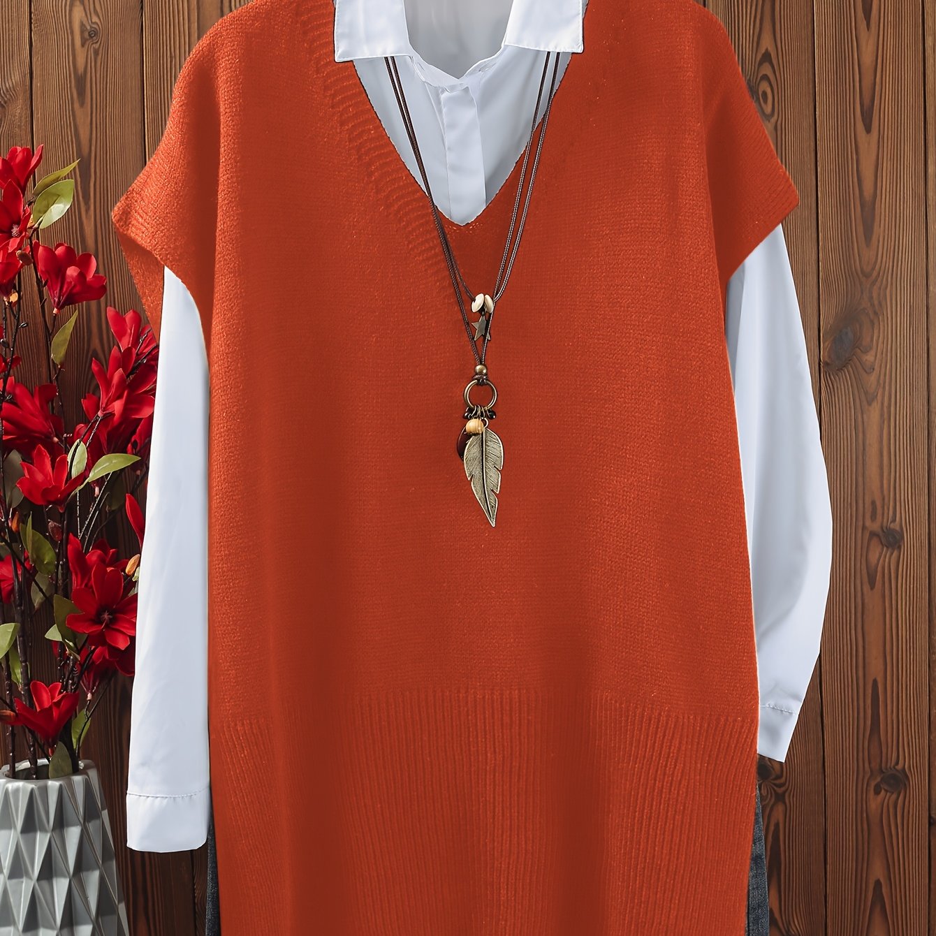 Katta o'lchamdagi ayollar uchun yirtqichlari bo'lgan bir rangli V-yuqori pullover.