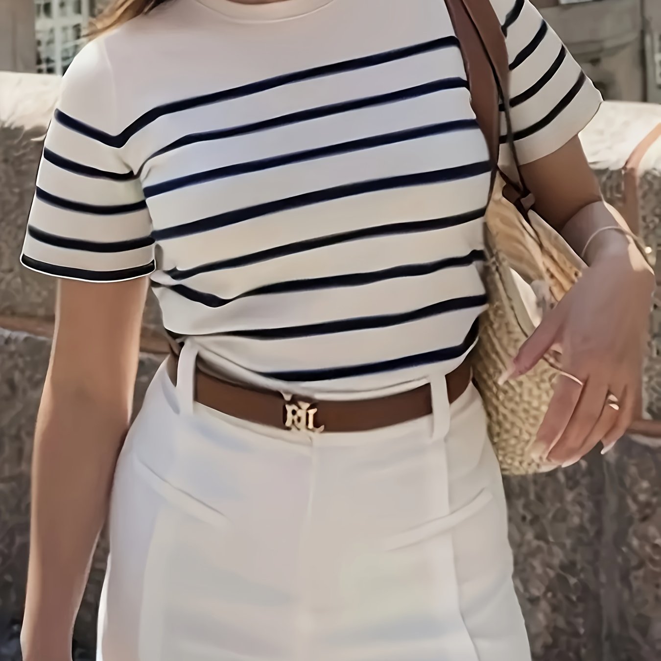 Plus Size Women's Casual Striped T-Shirt Blue White Breathable Summer Top