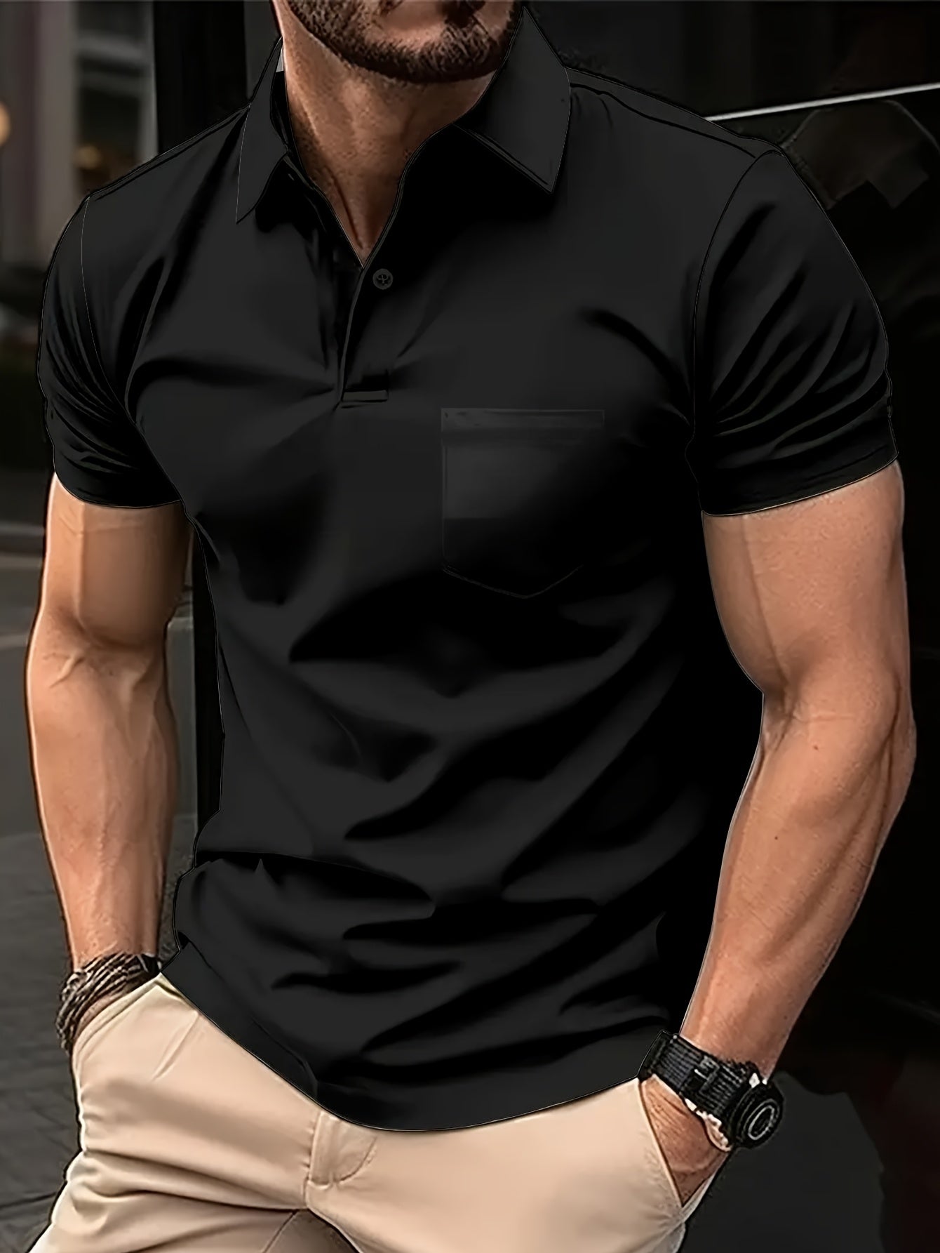 Men's Black Short Sleeve Polyester Knit Shirt with White Collar and Pocket for Golf or Semi-Formal