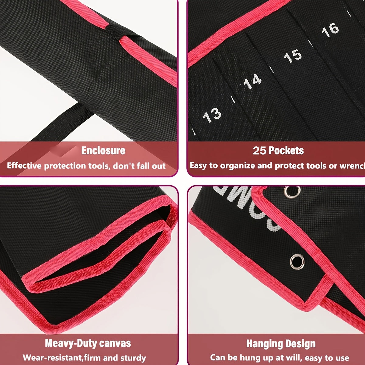 Durable Fabric Wrench Organizer Roll with 25 Pockets Heavy-Duty Tool Storage