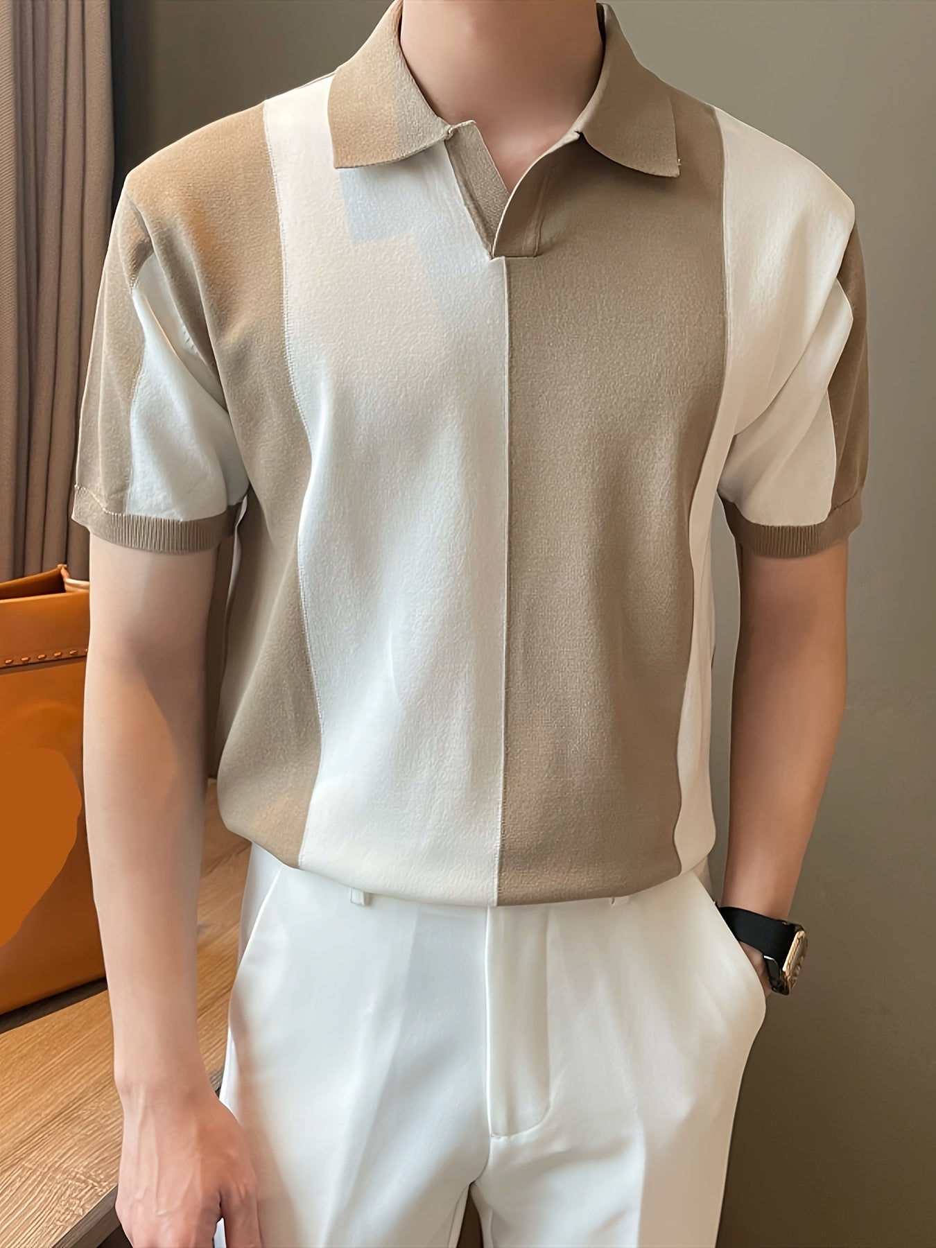 Men's Color Block Short Sleeve Lapel Golf Shirt Summer Rayon High Stretch Casual Regular Fit