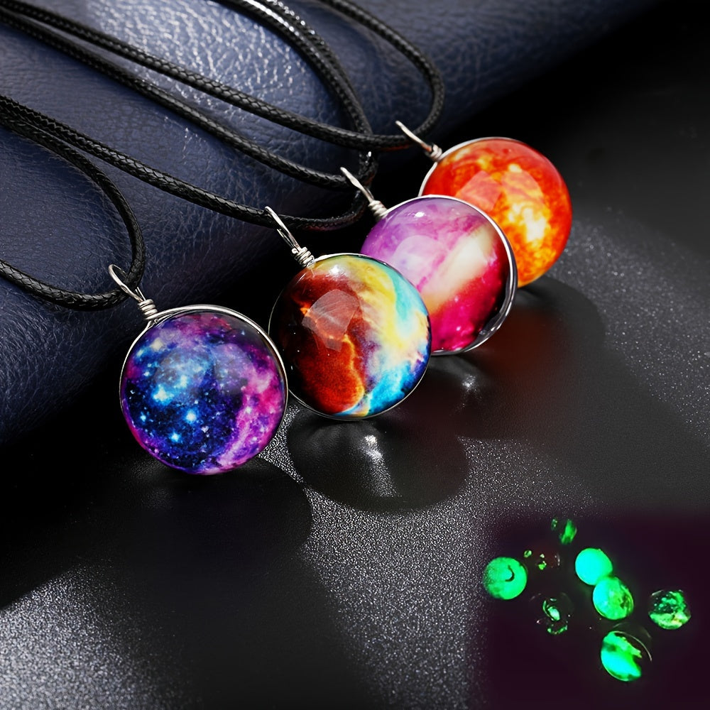 Set of 4 Boho Retro Glass Orb Pendant Necklaces with Glowing Space Gemstones for Festivals and Travel