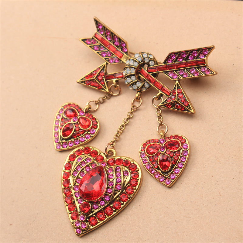 Rhinestone Enamel Heart Brooch with Fringe and Love Arrow Pin for Women