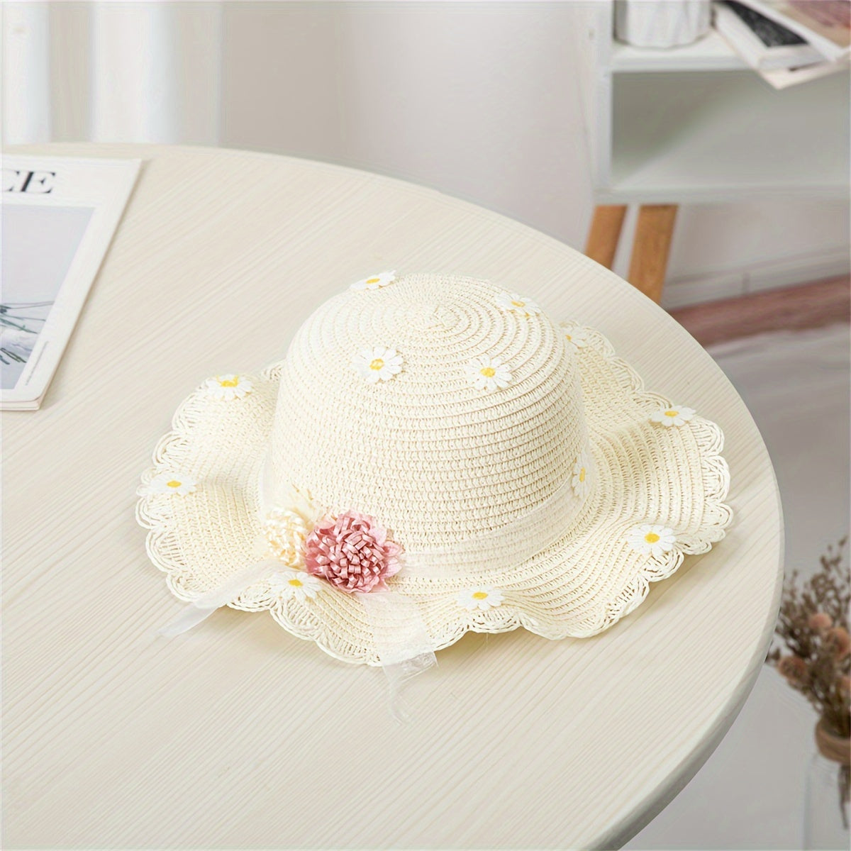 Teen Girls Straw Hat with Daisy Pattern and Matching Bag Summer Water-Resistant