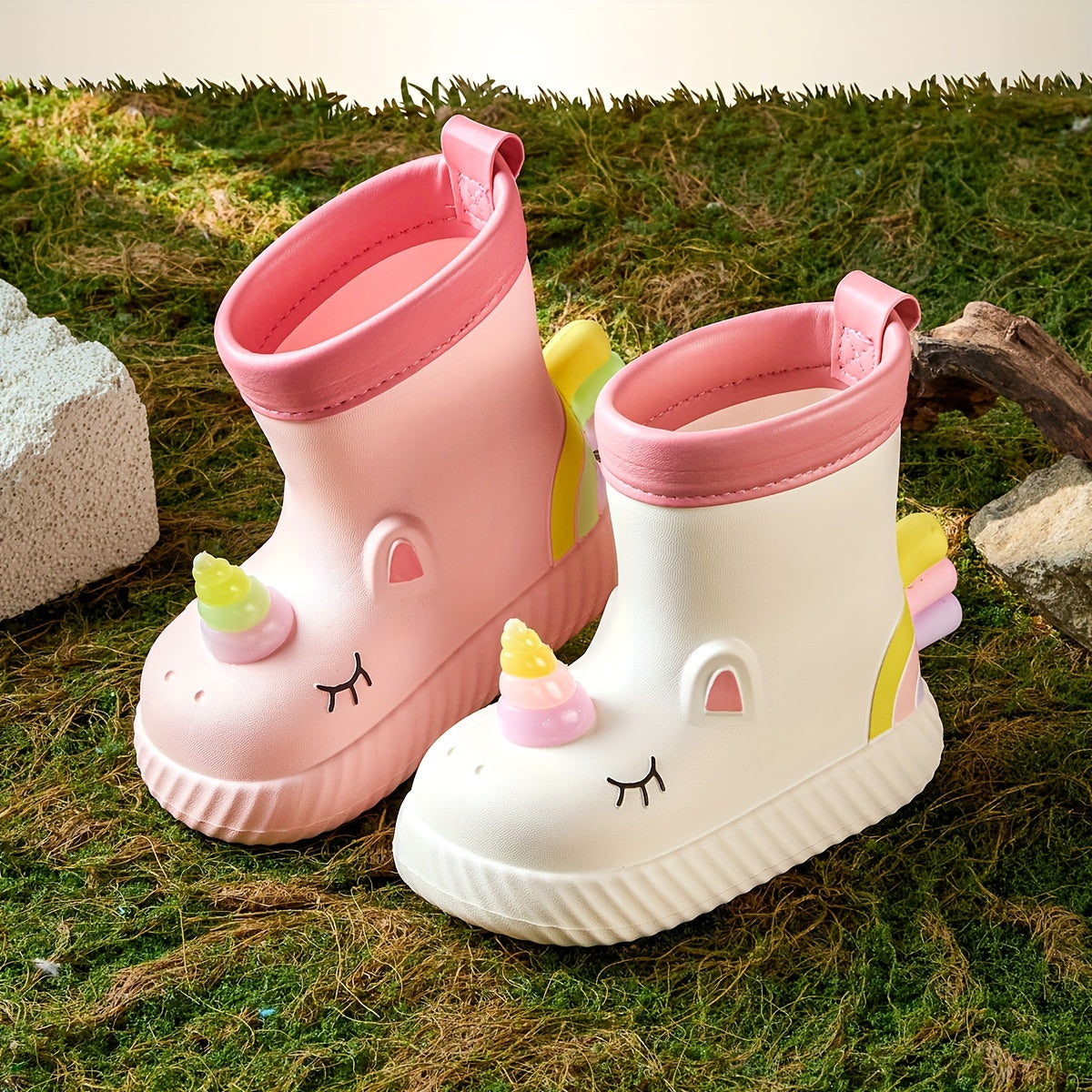 Girls Waterproof Unicorn Rain Boots Pink White EVA Non-Slip Short Casual Outdoor Fall Winter