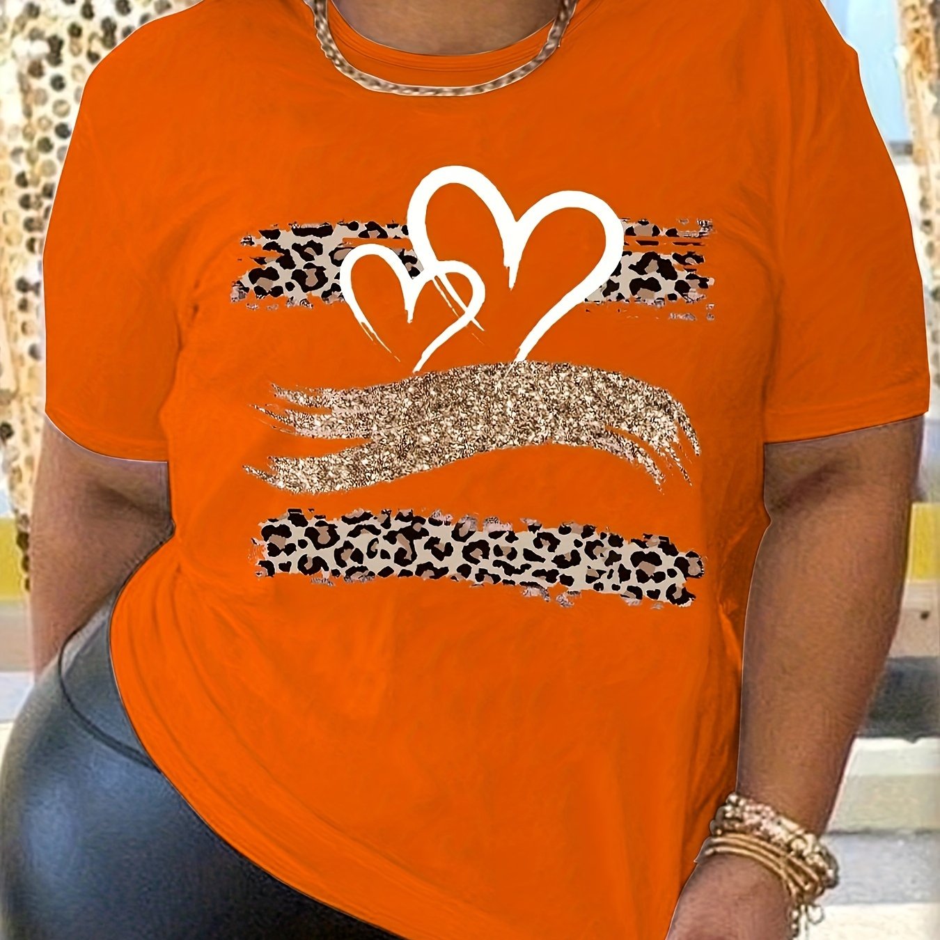 Plus Size Heart Print T-Shirt Women's Casual Short Sleeve Top