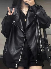 Women's Fleece-Lined Motorcycle Jacket Black Casual Loose Fit Waterproof Polyester