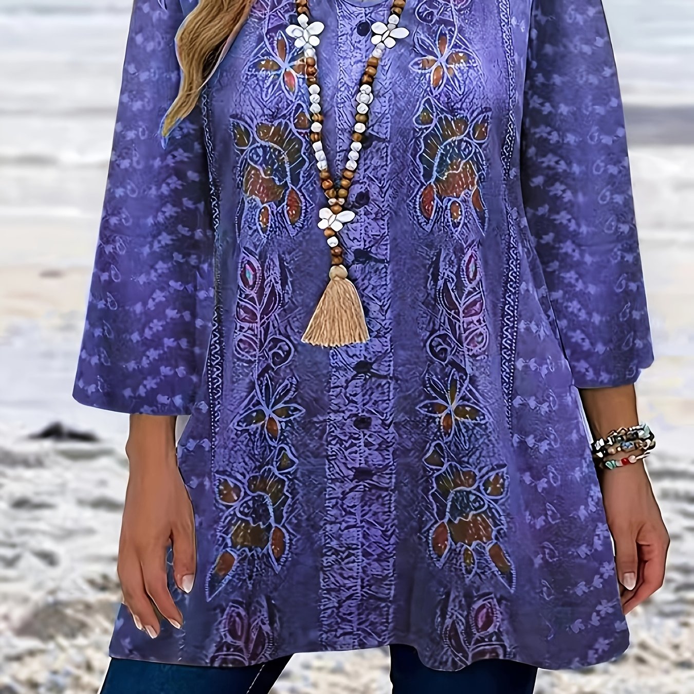 Women's Boho Chic V-Neck Tunic Top Long Sleeve Floral Print Plus Size