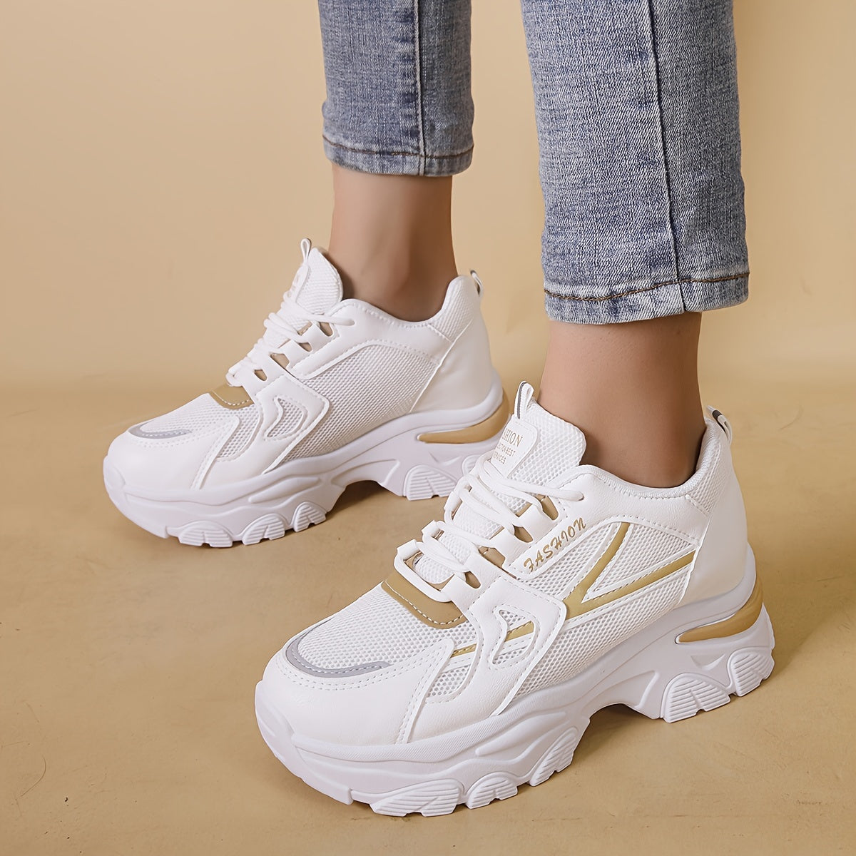 Women's Chunky Sneakers Breathable Color-Block Thick Sole Casual Running