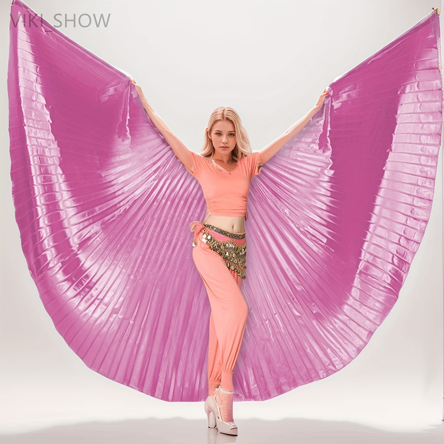 Golden Butterfly Wings Belly Dance Costume with 360° Cape Telescopic Sticks Fits 61-69 Inches