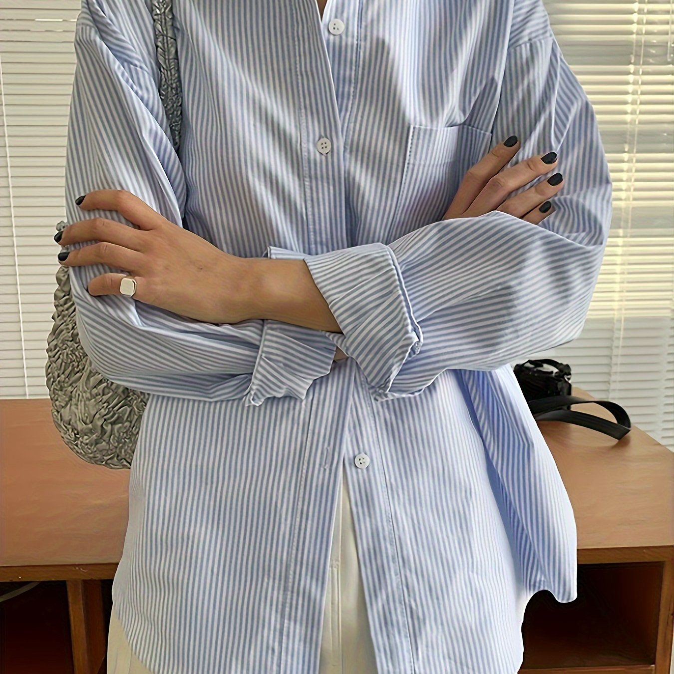 Women's Long Sleeve Blue Striped Lapel Shirt for Spring and Fall