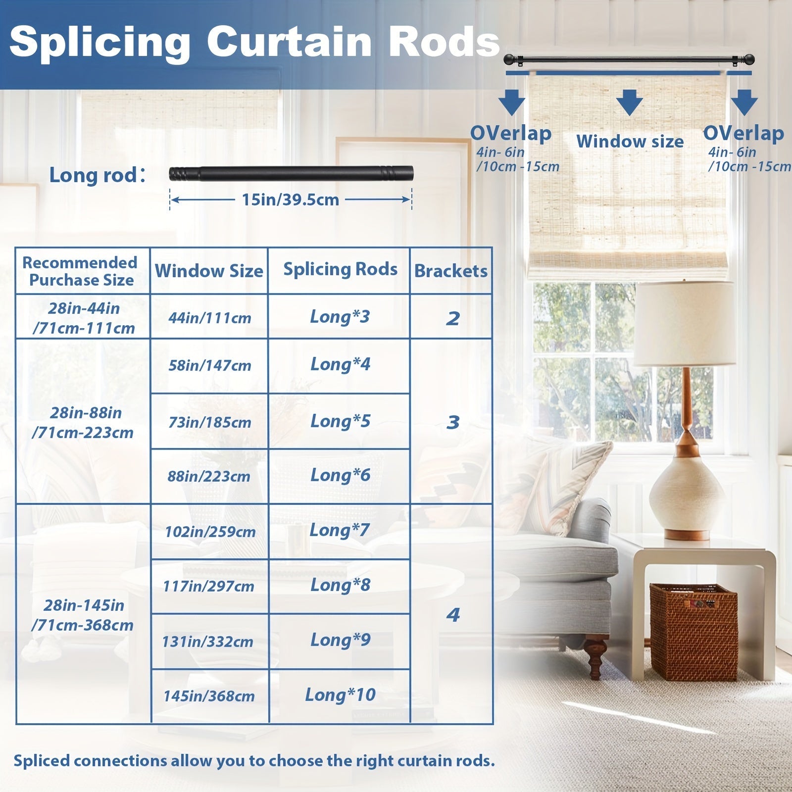 Adjustable Steel Curtain Rod Set 5/8 Inch Diameter Matte Black Modern Window Decor