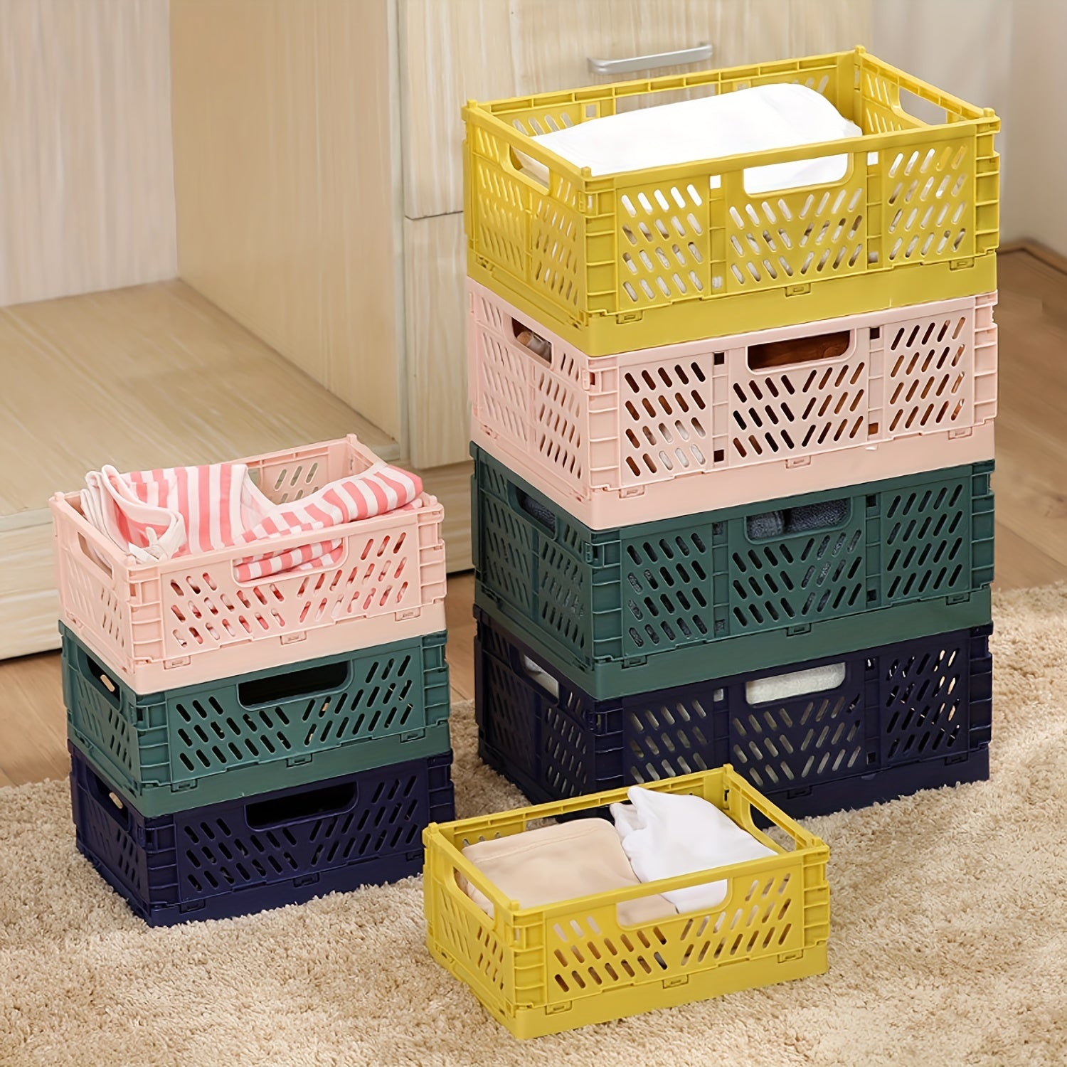 2-Pack Plastic Folding Storage Baskets with Handles Stackable Organizers for Home Mixed Color