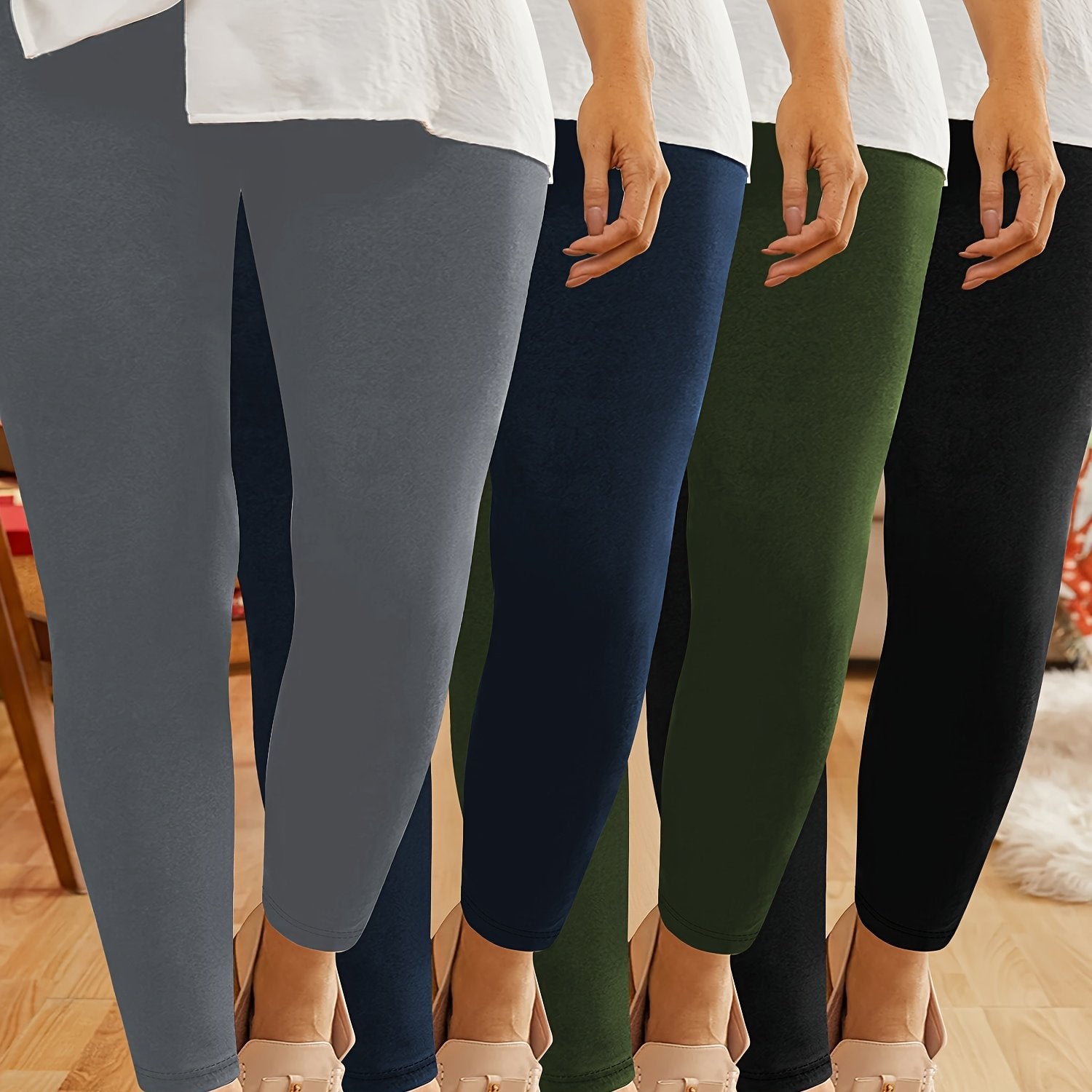 Plus Size Stretchy Capri Leggings High Waist Solid Colors Polyester Elastane