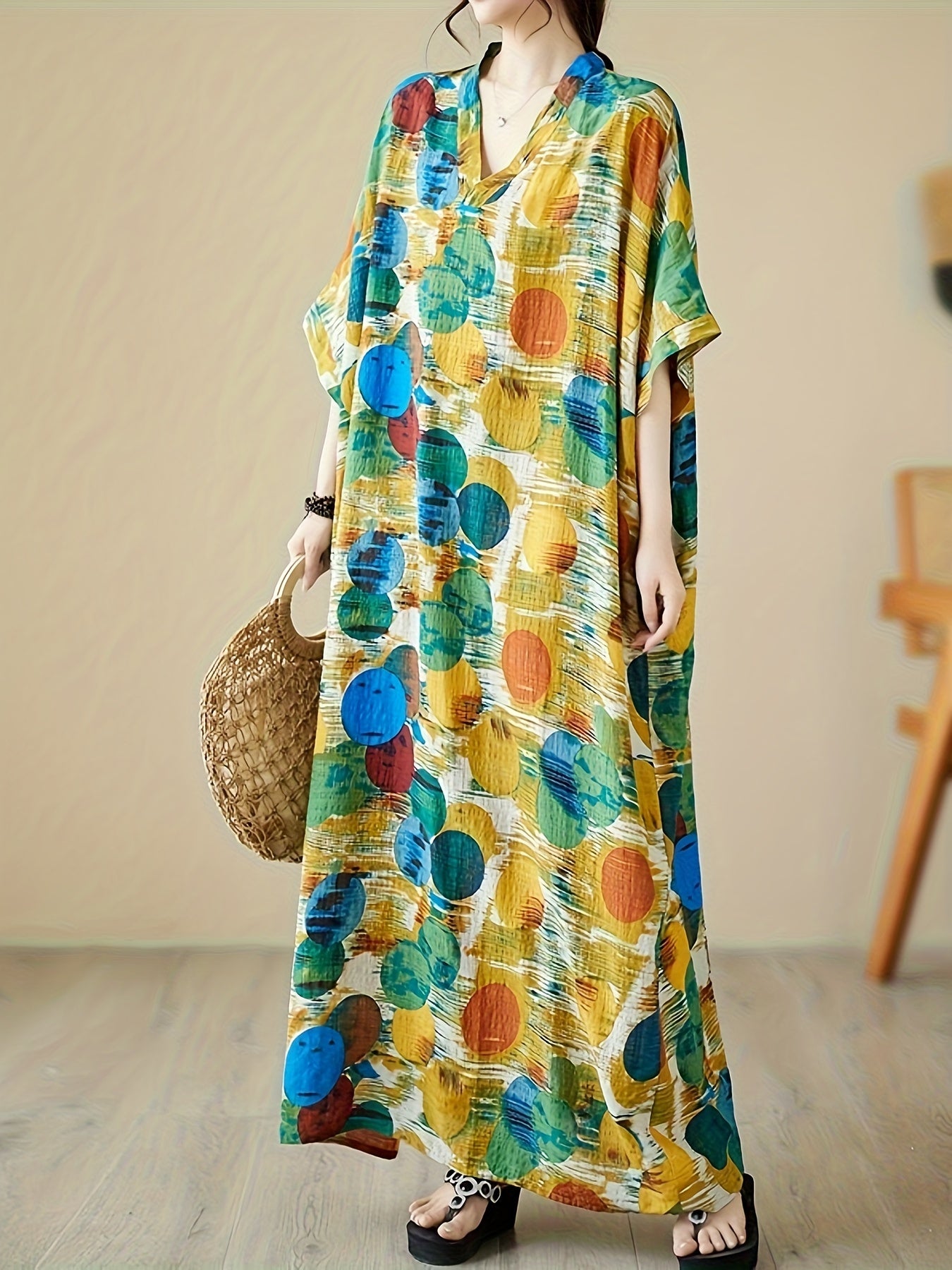 Plus Size V-Neck Maxi Dress with Colorful Pattern and Kimono Style