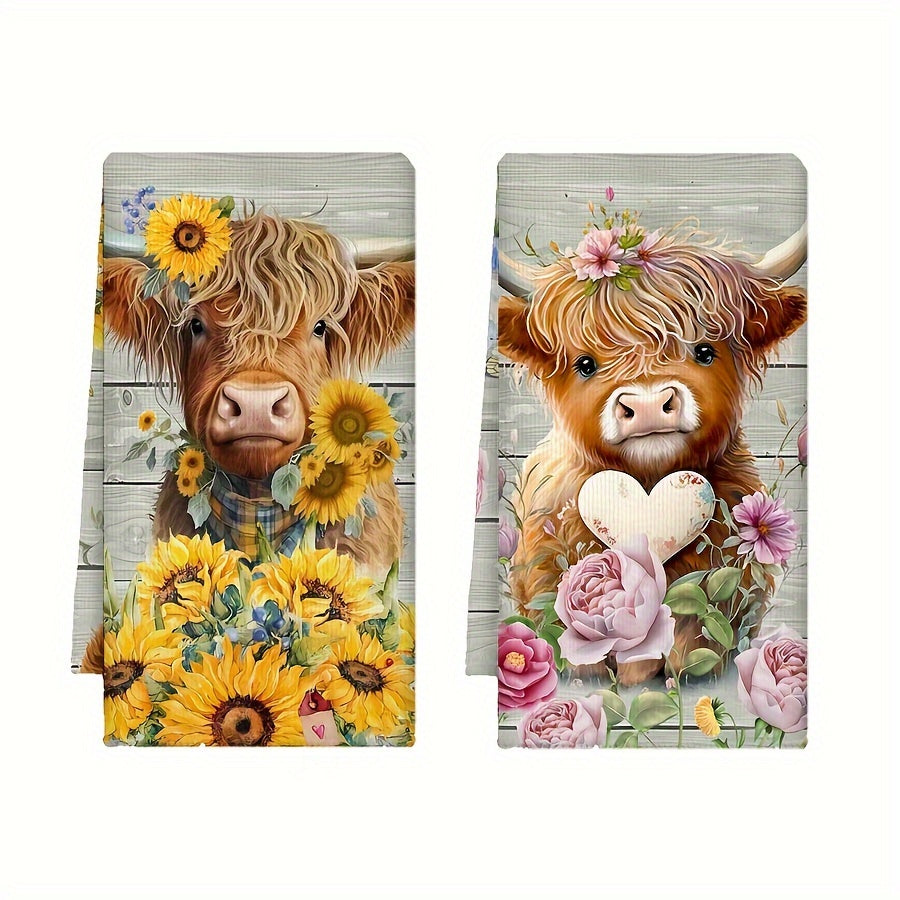 Set of Two Colorful Sunflower Cow Pattern Kitchen Towels for Farmhouse Style Kitchen or Bathroom
