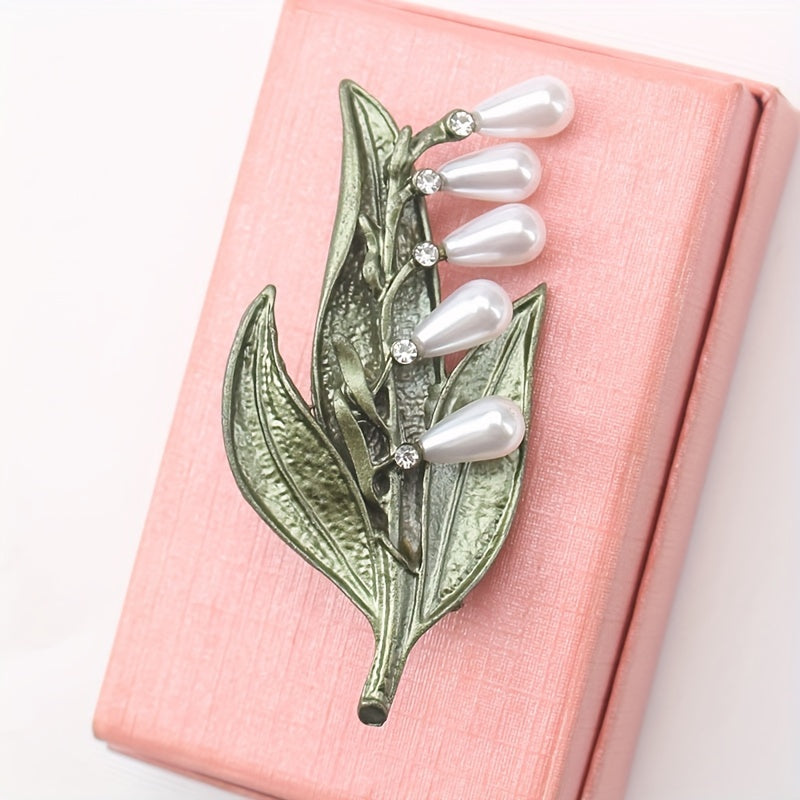 Vintage Enamel Leaf Brooch with Imitation Pearls and Rhinestones for Women and Men