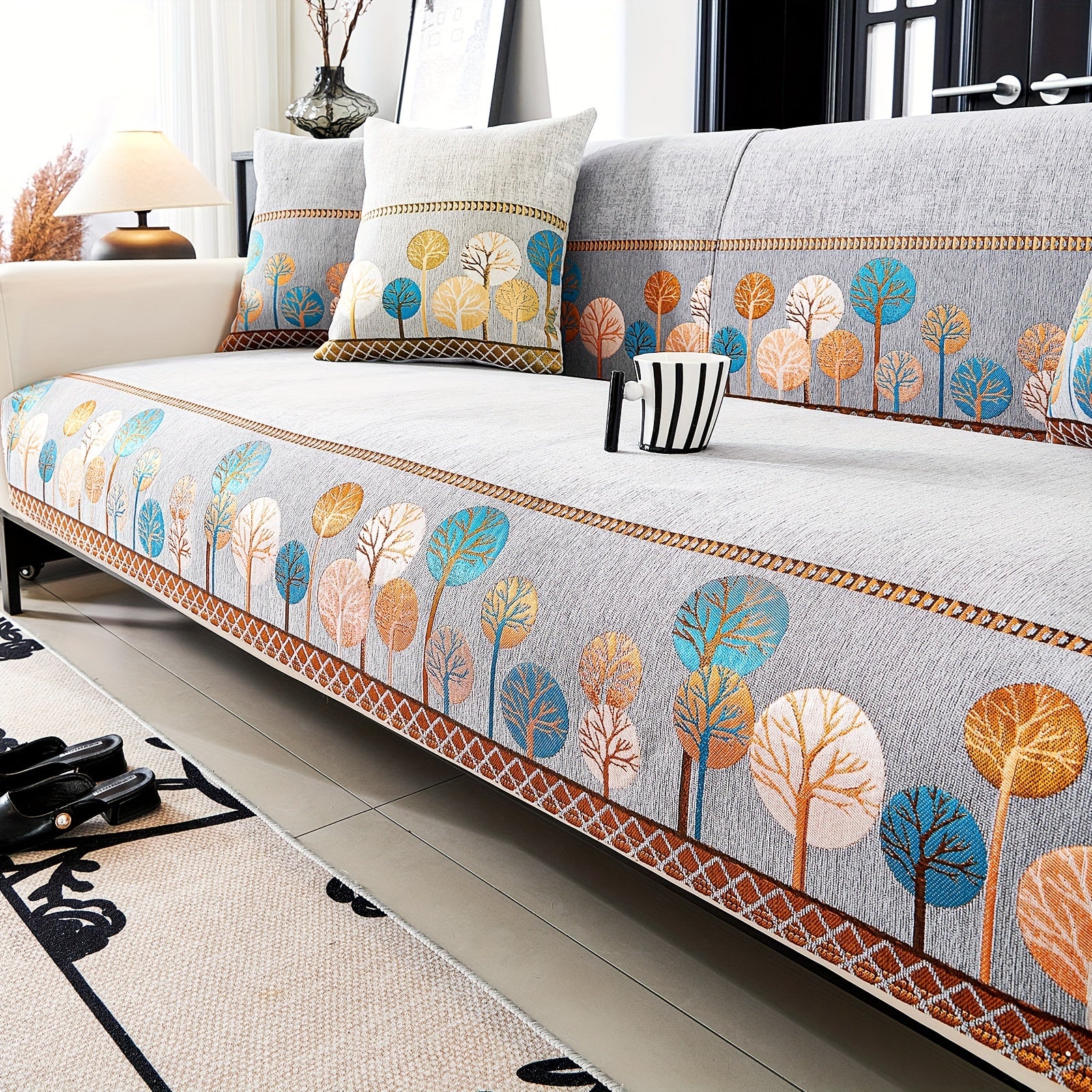 Chenille Sofa Slipcover with Geometric Embroidery Pet-Friendly Fabric for Home Decor