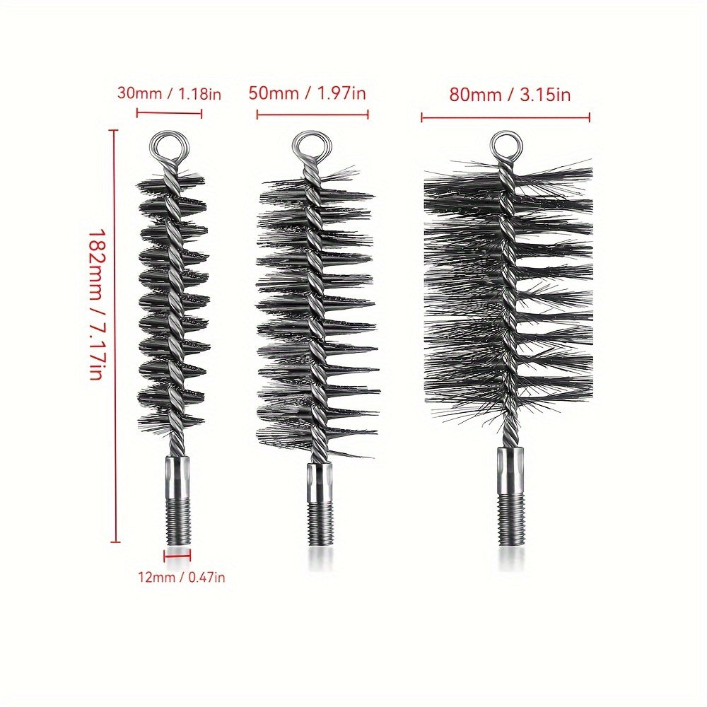 Set of 3 Stainless Steel Chimney Cleaning Brushes for Fireplace and Vent Ducts