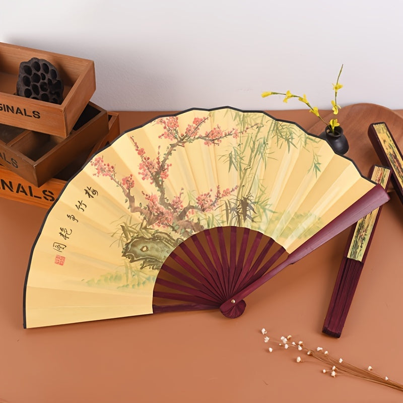 Ancient Style Chinese Folding Fan with Peony Plum Eight Jun Artwork 8-Inch