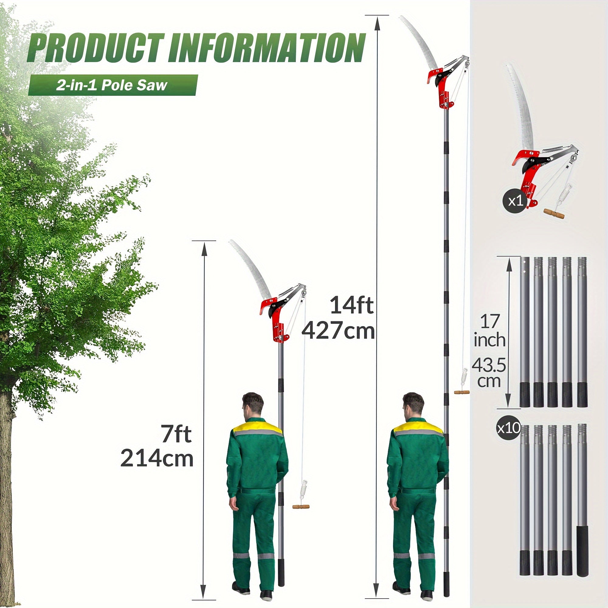 Extendable Tree Pruner with Saw and Shears Alloy Steel Pole for High Branch Trimming