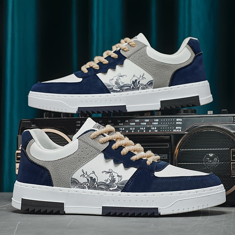 Erkaklar uchun ko'cha uslubidagi rangli blokli skeytbord poyabzallari, ochiq havoda faoliyatlar uchun anti-slip tasodifiy sport poyabzallari.