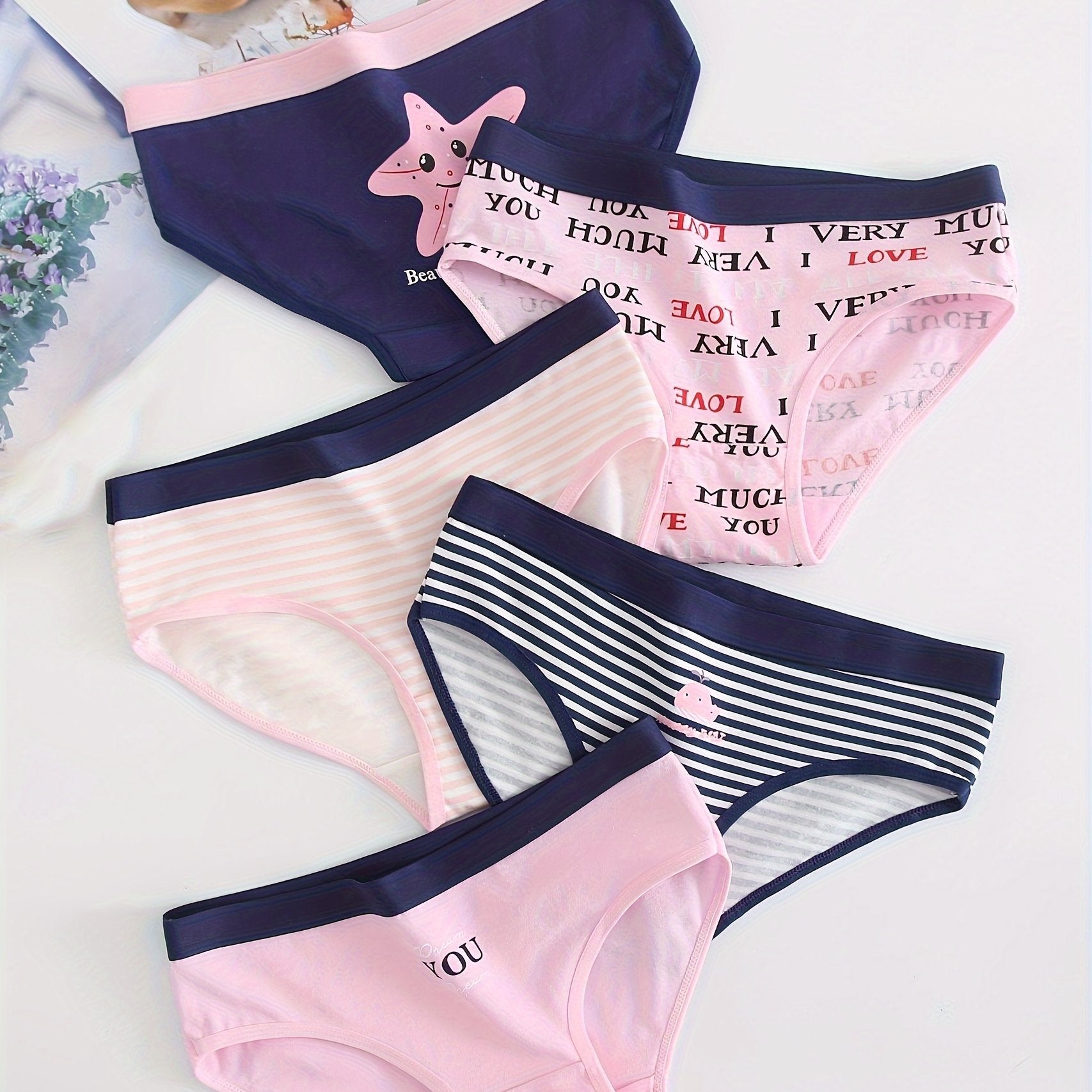 Conjunto de 5 braguitas de algodón para mujer con estampado de dibujos animados, de tiro medio