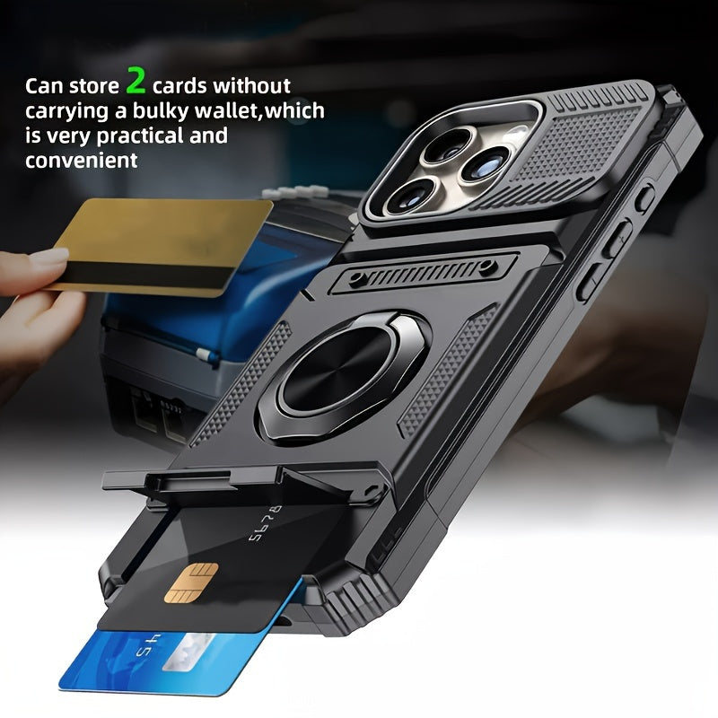 Heavy Duty Phone Case with Metal Stand and Card Slot for iPhone 16 Pro Max 15 Pro Max 14 Pro Max