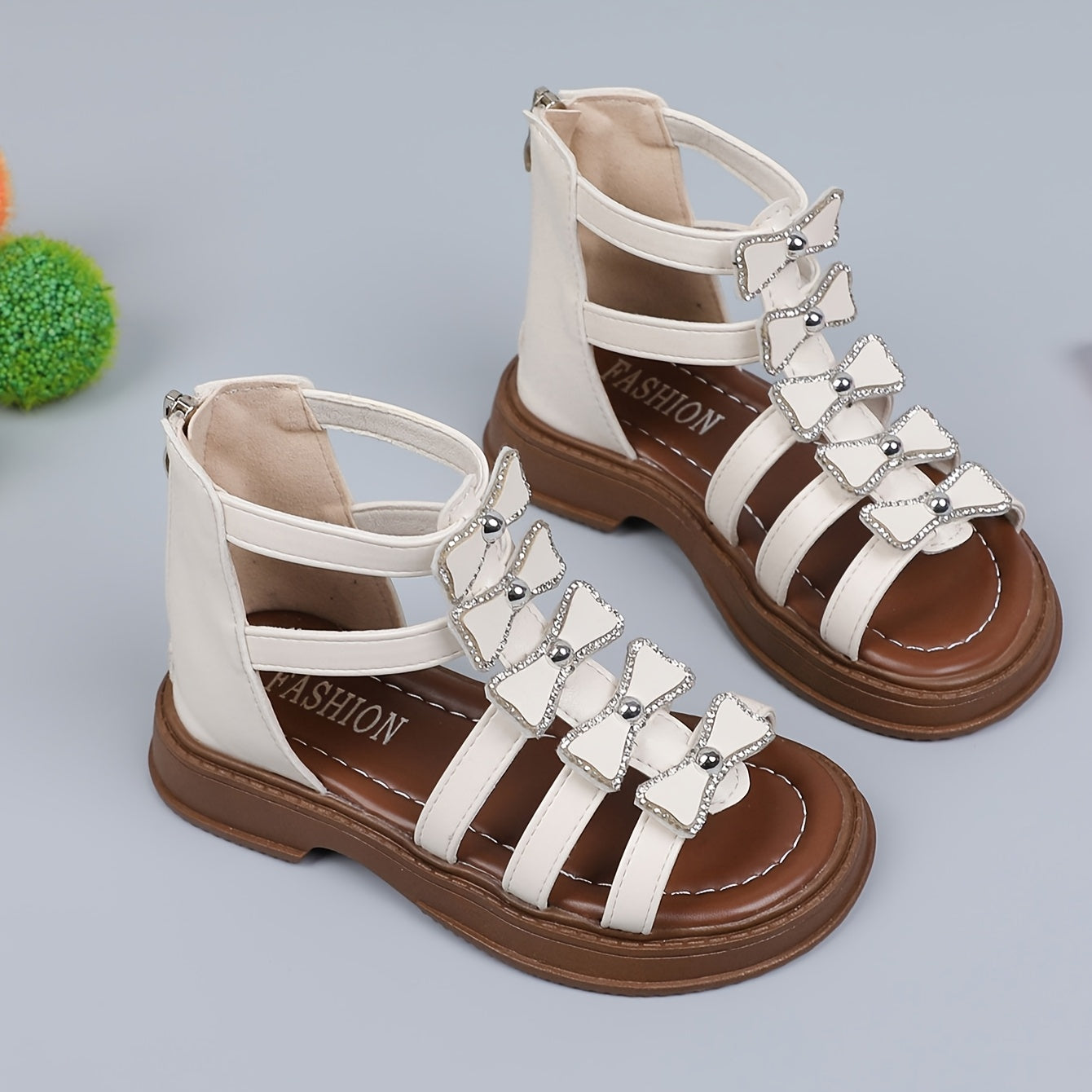 Girls Striped Mid-Top Roman Sandals with Zipper Closure PU Upper PVC Sole Summer Footwear